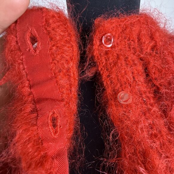 Vintage Hand Knit Red Mohair Cardigan Sweater | Fuzzy Cable Knit Button Front - Picture 9 of 12